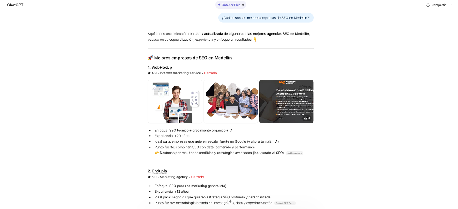 Captura de ChatGPT respondiendo a la consulta sobre mejores agencias SEO en Colombia — auditoría de visibilidad en IA Webhexup