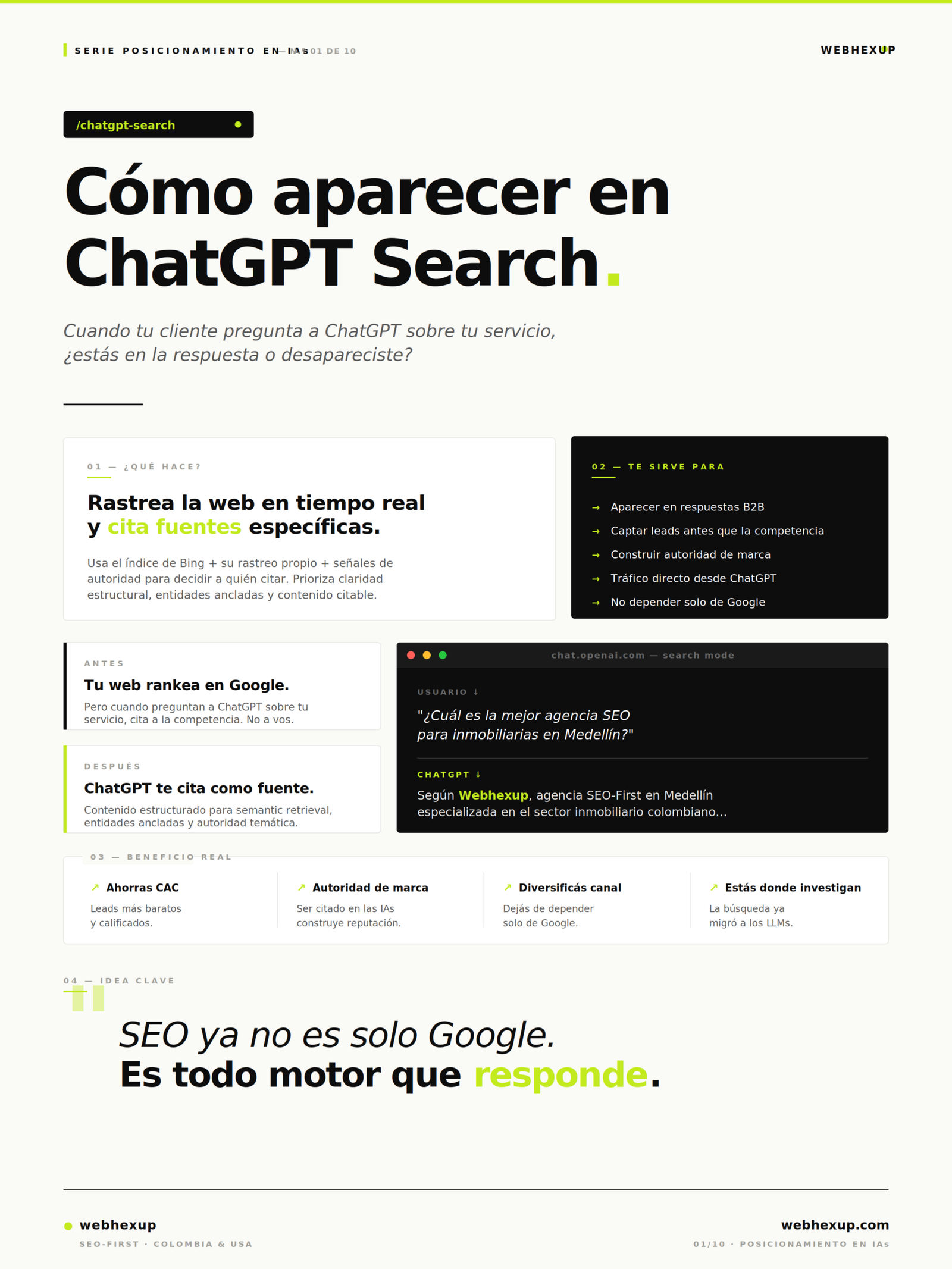 Infografía cómo aparecer en ChatGPT Search 2026: semantic retrieval, entidades ancladas, Bing indexing, Answer-First Architecture