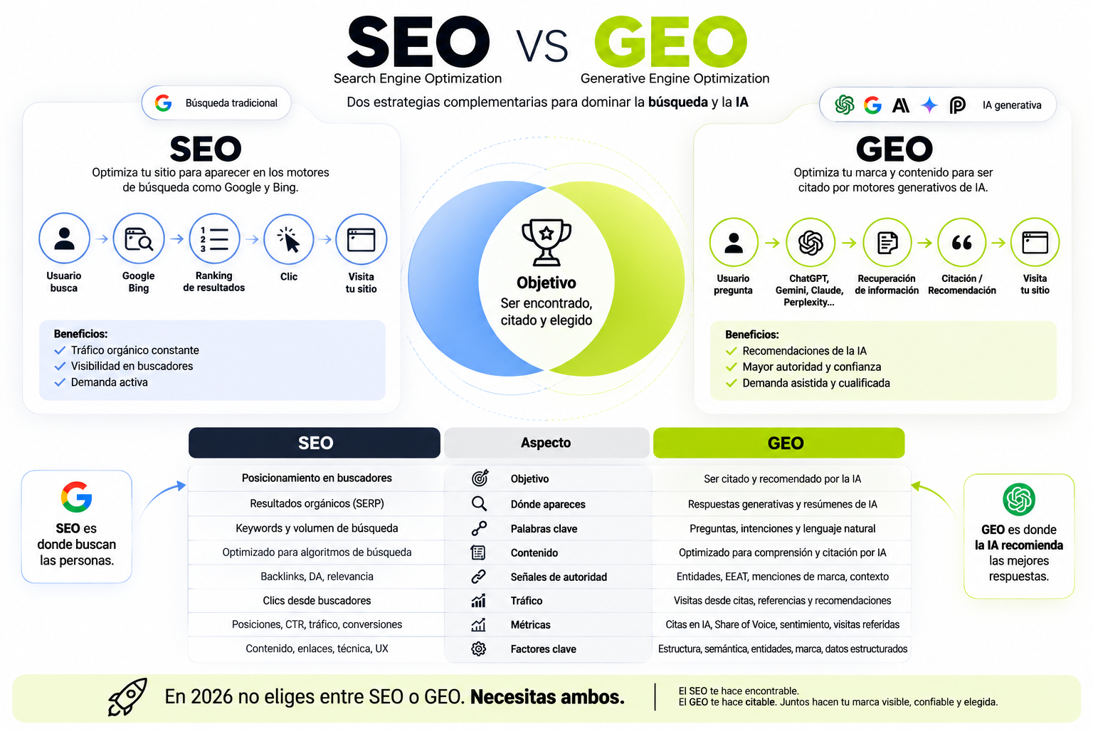 Diagrama comparativo SEO vs GEO lado a lado con objetivos, métricas y canales de cada disciplina